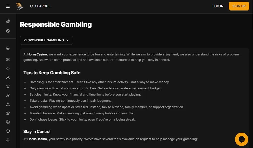 Screenshot of Horus Casino's responsible-gambling tools
