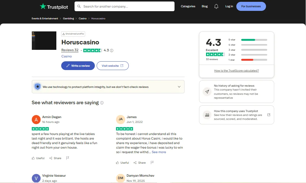 Screenshot of Horus Casino's Trustpilot rating overview