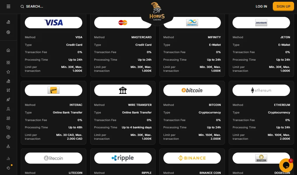 Screenshot of Horus Casino's withdrawal section and limits