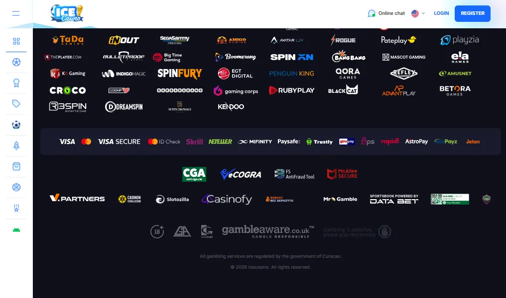 Screenshot of Ice Casino's cashier and payment methods