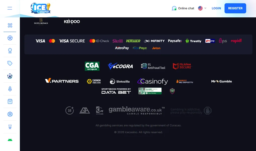 Screenshot of Ice Casino's footer licence and regulator details