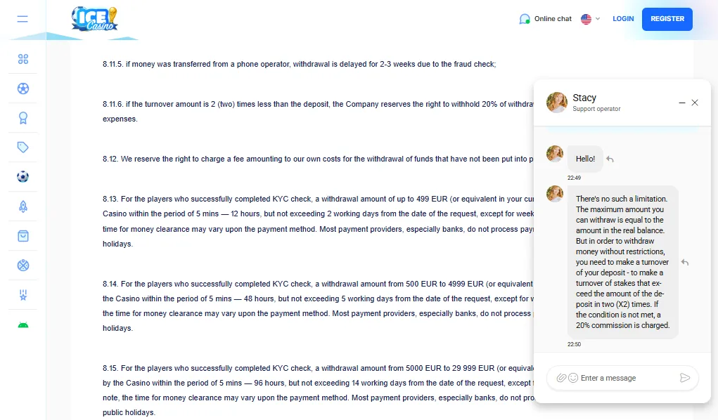 Screenshot of Ice Casino's live chat support window