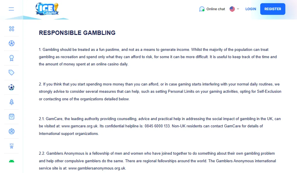 Screenshot of Ice Casino's responsible-gambling tools