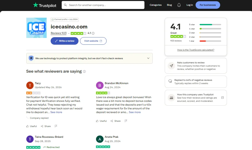 Screenshot of Ice Casino's Trustpilot rating overview