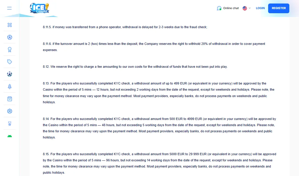 Screenshot of Ice Casino's withdrawal section and limits