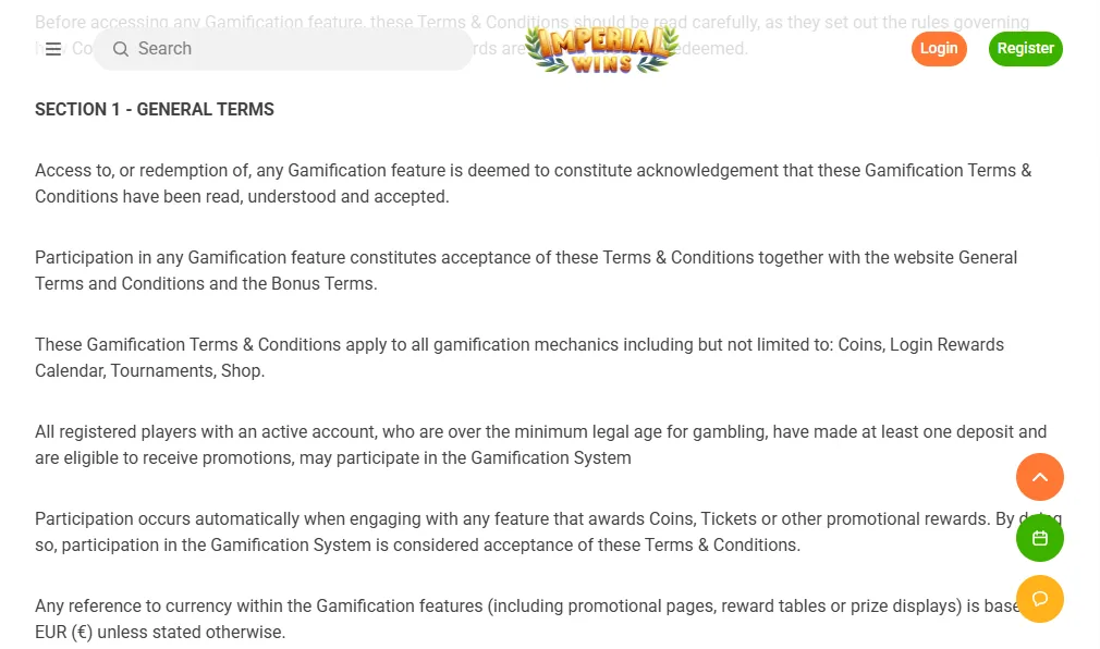 Screenshot of Imperial Wins's bonus terms and wagering requirements
