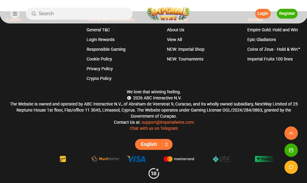Screenshot of Imperial Wins's cashier and payment methods