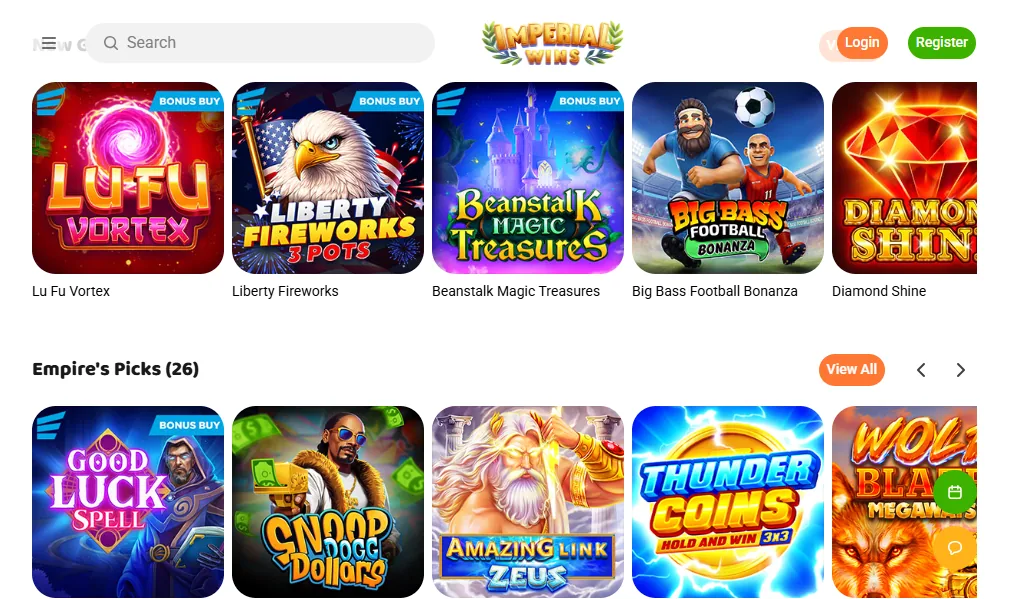 Screenshot of Imperial Wins's games lobby