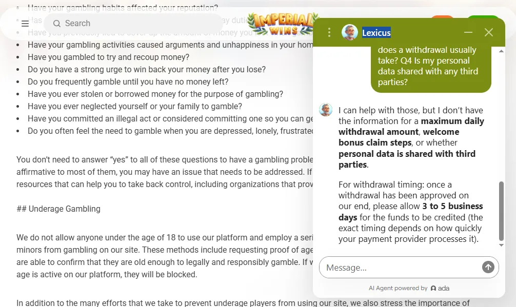 Screenshot of Imperial Wins's live chat support window