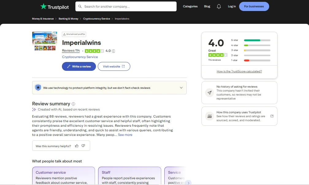 Screenshot of Imperial Wins's Trustpilot rating overview