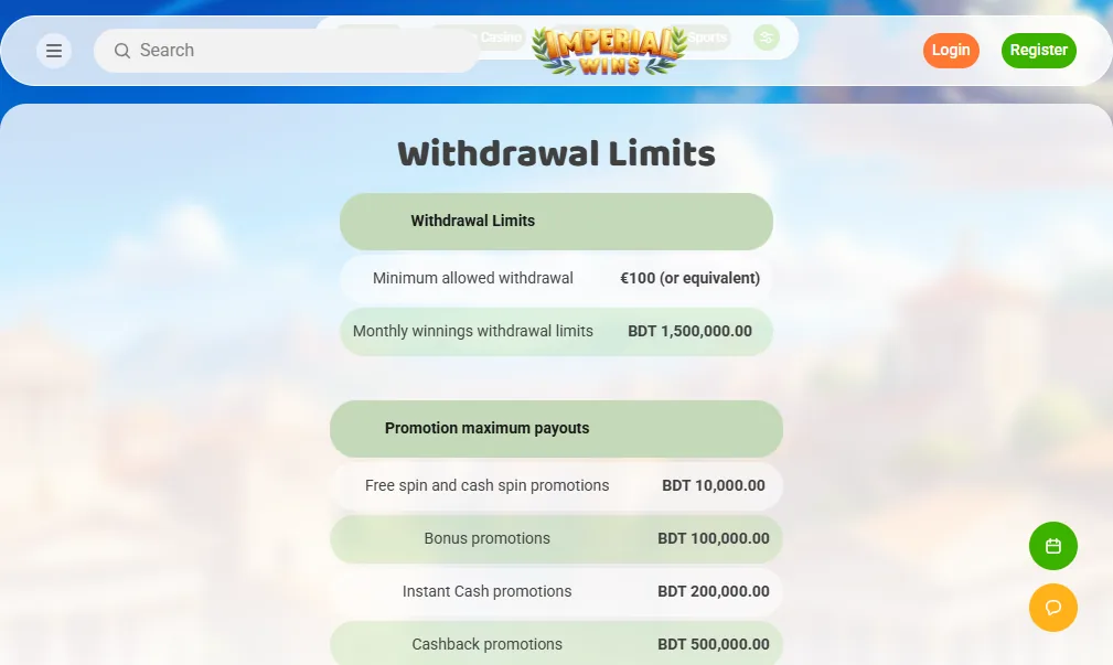 Screenshot of Imperial Wins's withdrawal section and limits