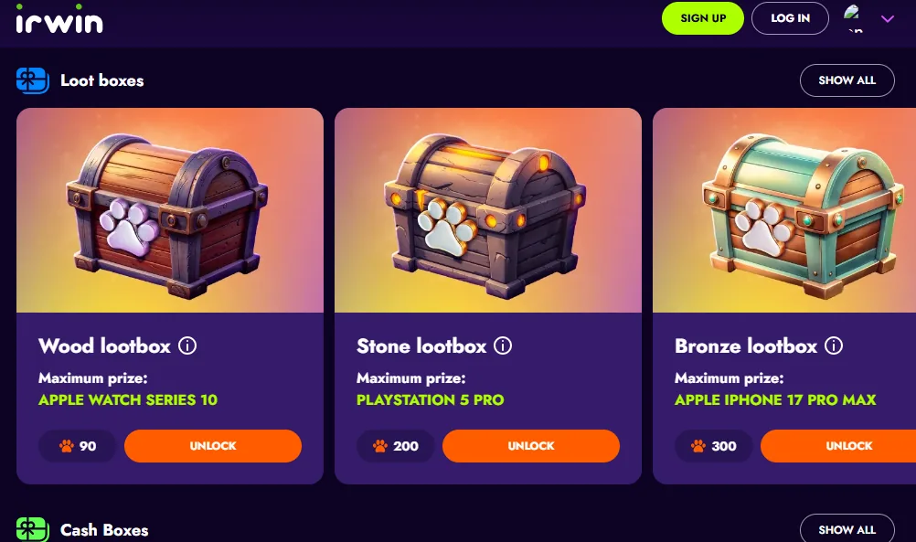 Screenshot of Irwin's welcome bonus offer