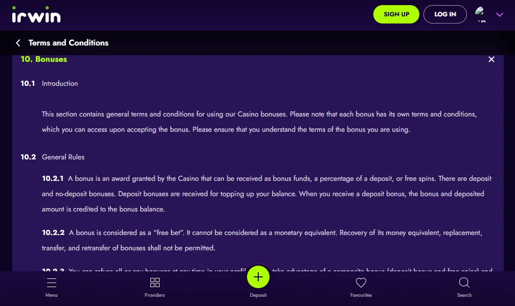 Screenshot of Irwin's bonus terms and wagering requirements