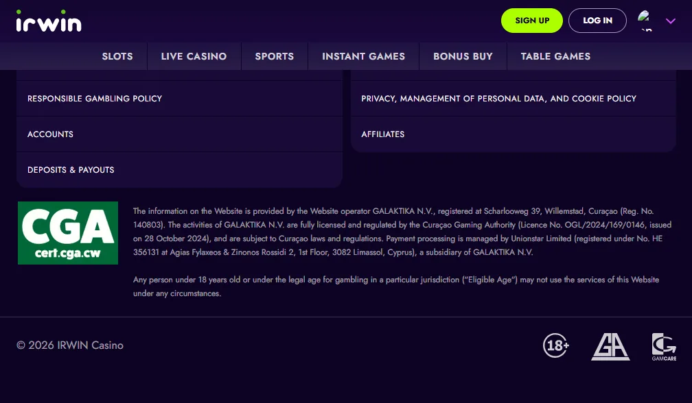 Screenshot of Irwin's footer licence and regulator details