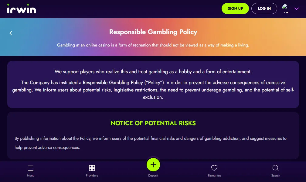Screenshot of Irwin's responsible-gambling tools