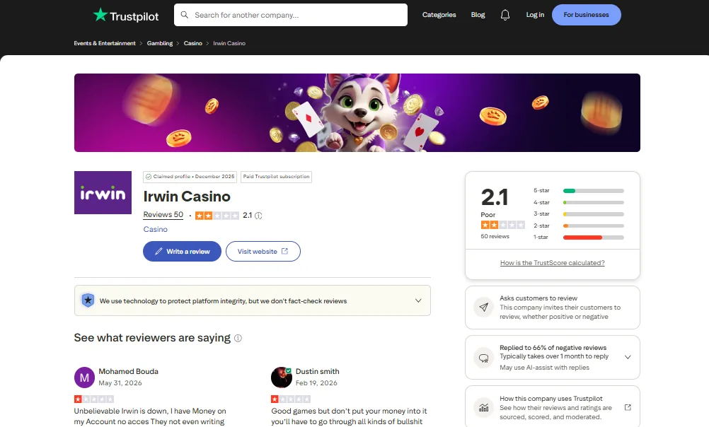 Screenshot of Irwin's Trustpilot rating overview
