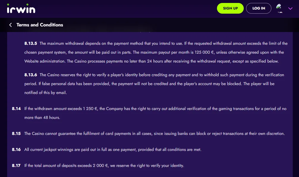 Screenshot of Irwin's withdrawal section and limits