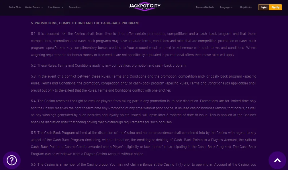 Screenshot of JackpotCity's bonus terms and wagering requirements