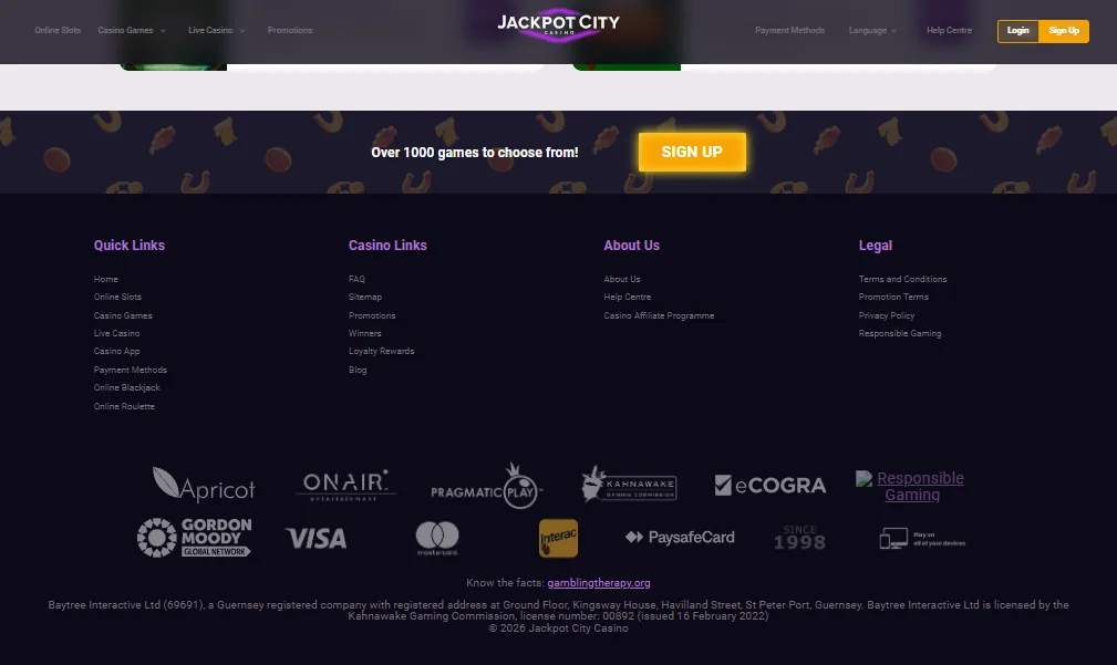 Screenshot of JackpotCity's footer licence and regulator details