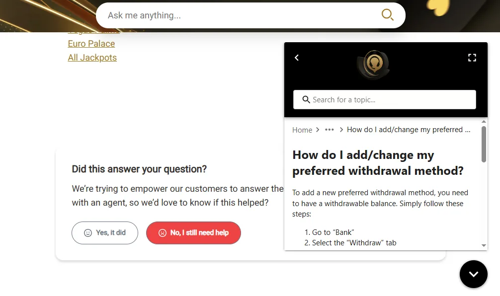 Screenshot of JackpotCity's live chat support window