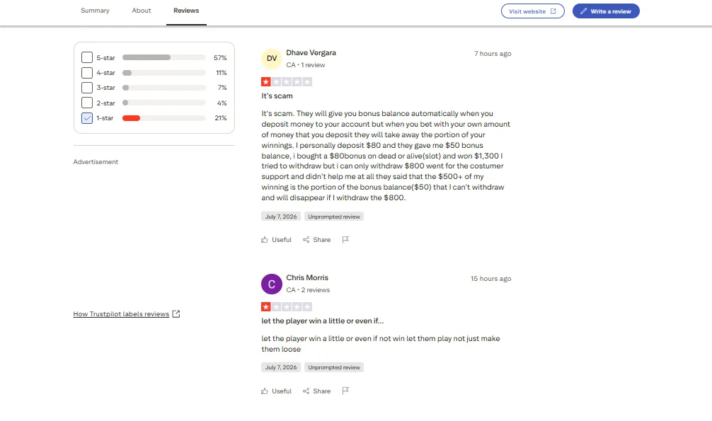 Screenshot of JackpotCity's negative Trustpilot review