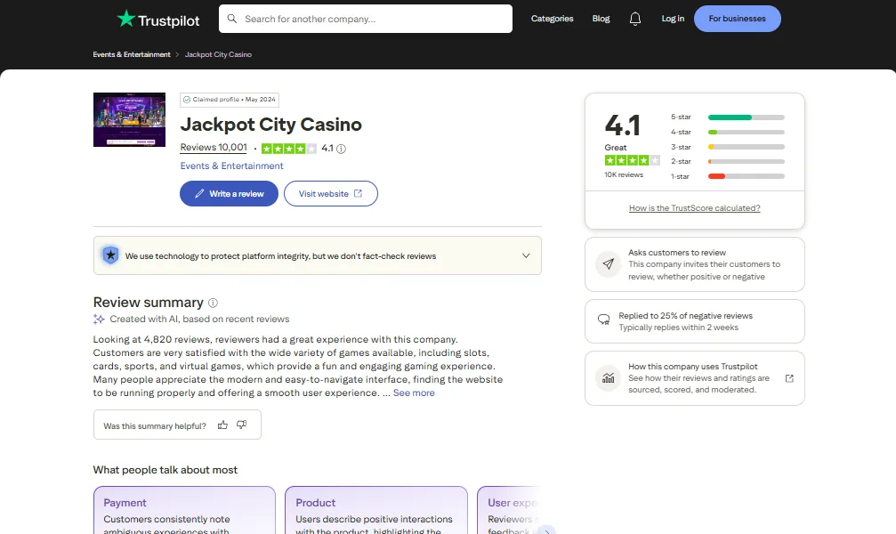 Screenshot of JackpotCity's Trustpilot rating overview