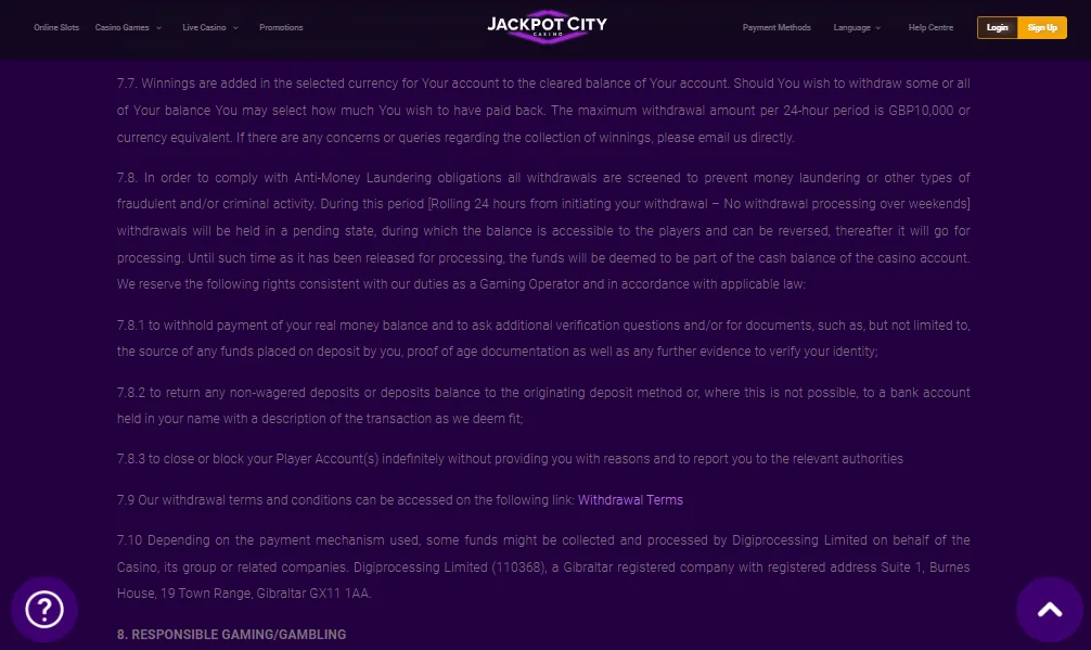 Screenshot of JackpotCity's withdrawal section and limits