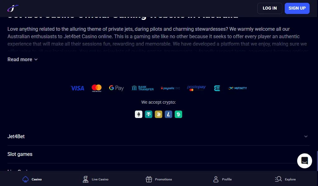 Screenshot of Jet4Bet's cashier and payment methods