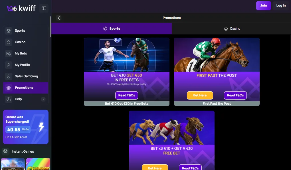 Screenshot of Kwiff's welcome bonus offer