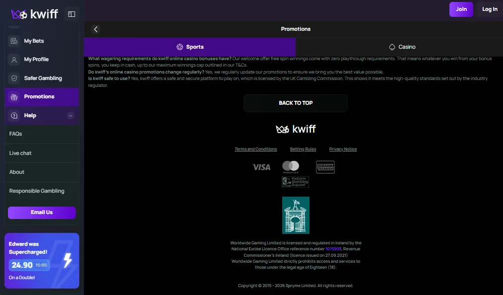 Screenshot of Kwiff's cashier and payment methods