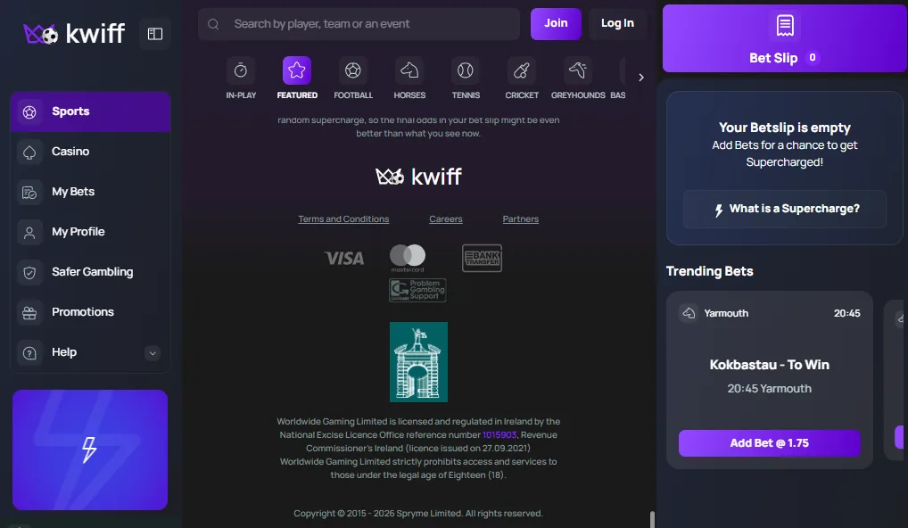 Screenshot of Kwiff's footer licence and regulator details