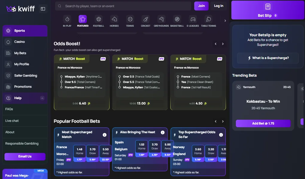 Screenshot of Kwiff's games lobby