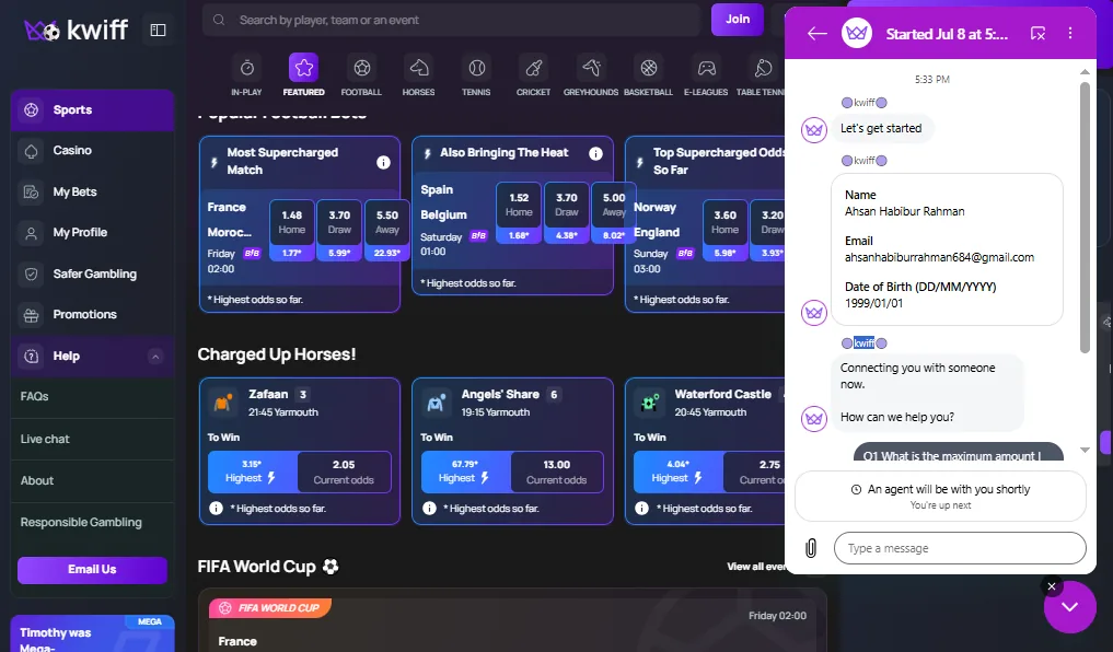 Screenshot of Kwiff's live chat support window
