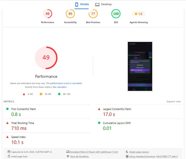 Screenshot of Kwiff's mobile site