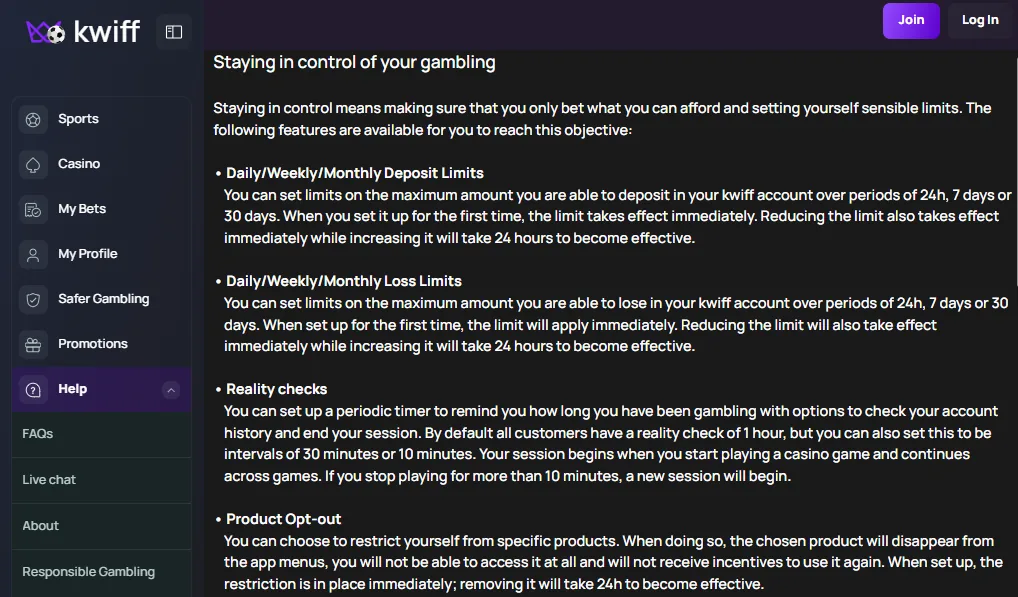 Screenshot of Kwiff's responsible-gambling tools