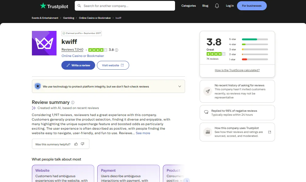 Screenshot of Kwiff's Trustpilot rating overview