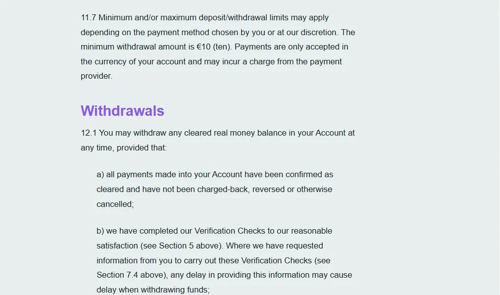 Screenshot of Kwiff's withdrawal section and limits