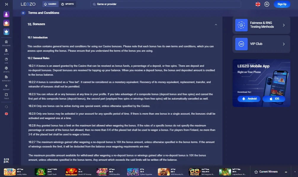 Screenshot of Legzo's bonus terms and wagering requirements