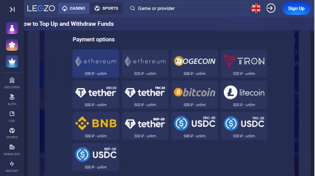 Screenshot of Legzo's cashier and payment methods