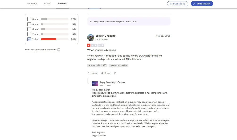 Screenshot of Legzo's negative Trustpilot review