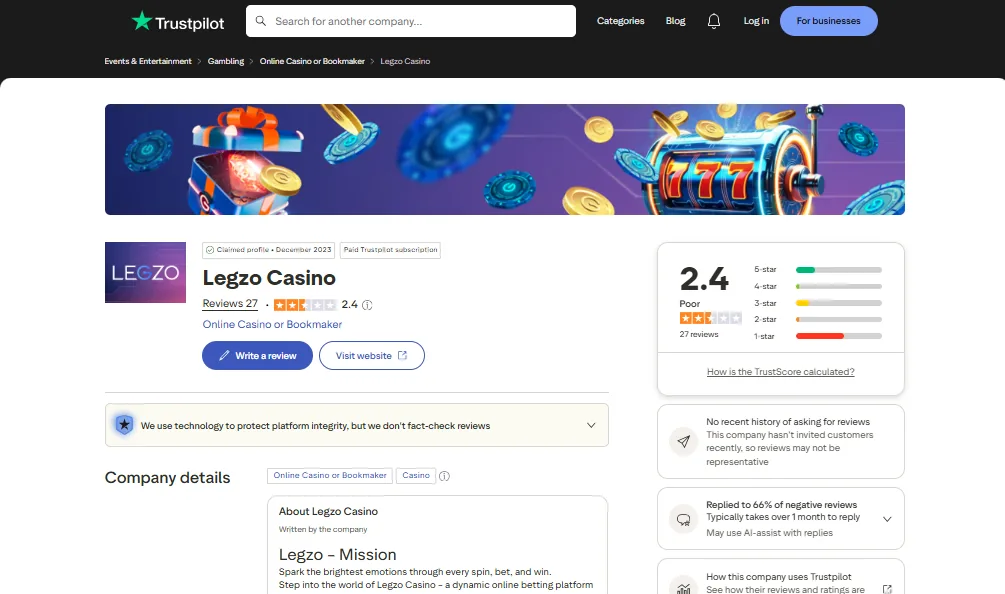 Screenshot of Legzo's Trustpilot rating overview