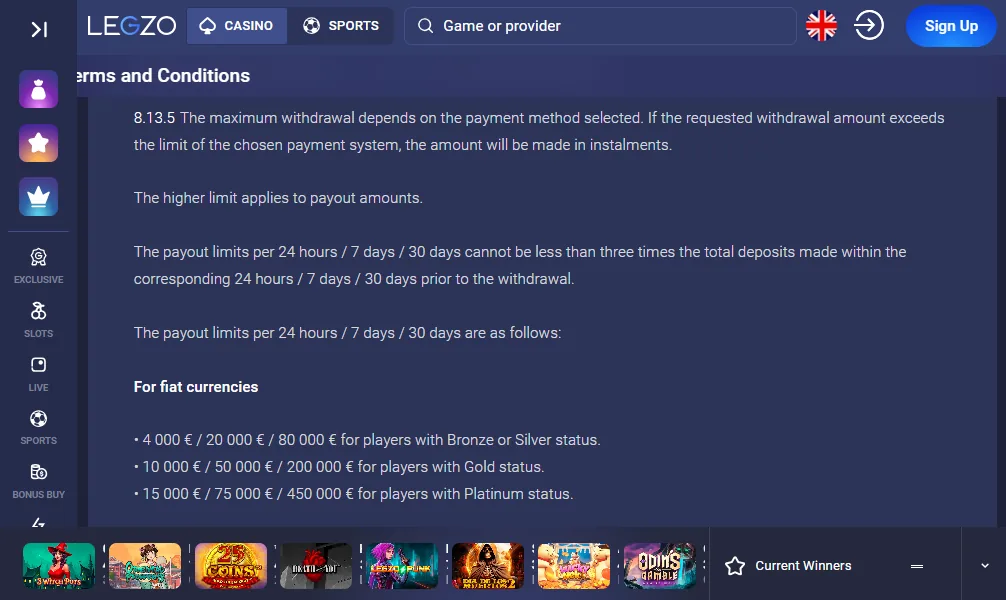 Screenshot of Legzo's withdrawal section and limits