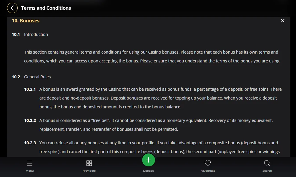 Screenshot of Lex's bonus terms and wagering requirements