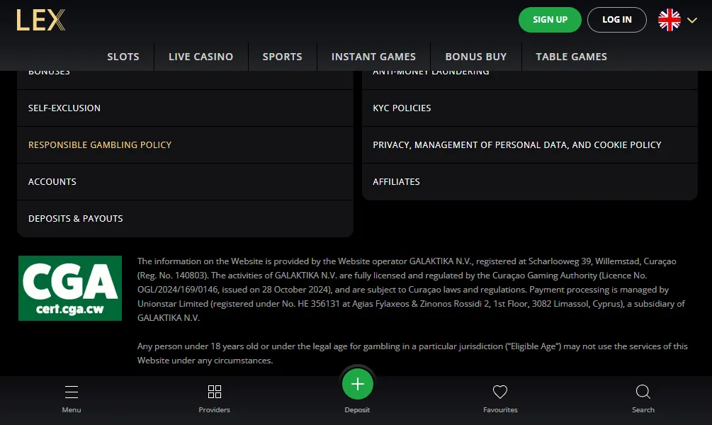 Screenshot of Lex's footer licence and regulator details