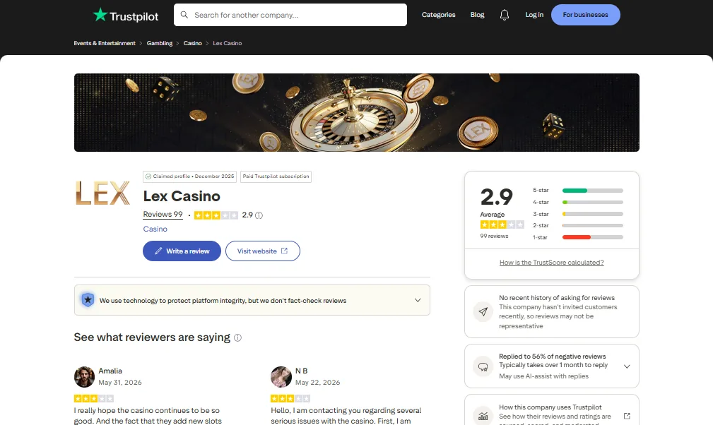 Screenshot of Lex's Trustpilot rating overview