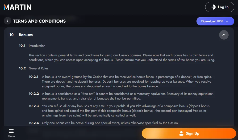 Screenshot of Martin's bonus terms and wagering requirements