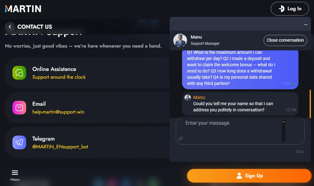 Screenshot of Martin's live chat support window