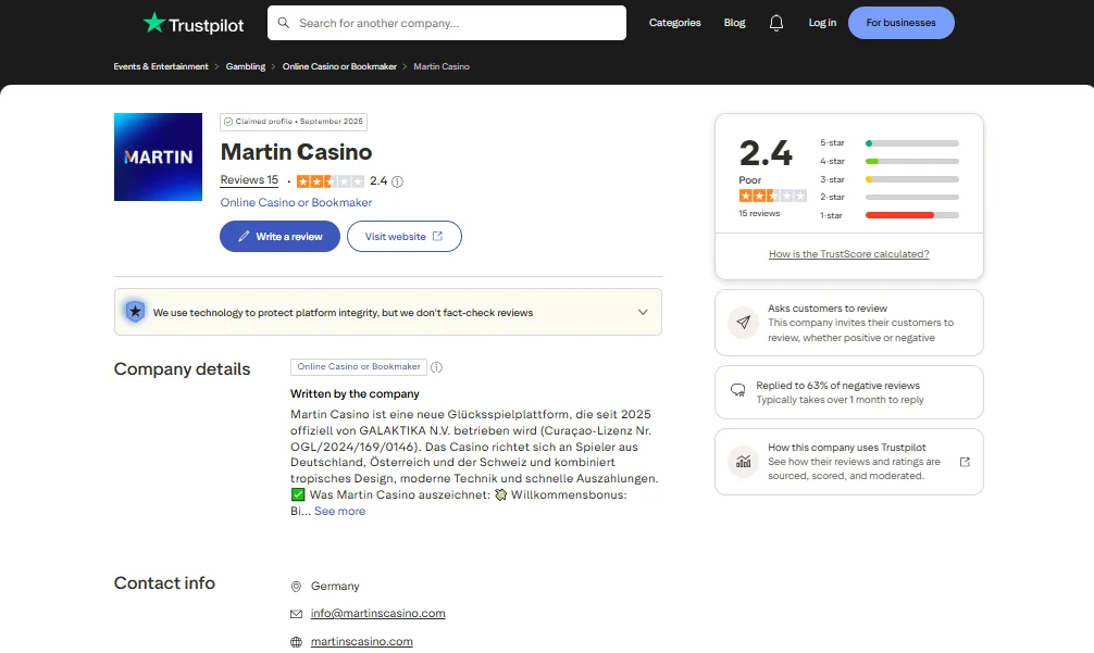 Screenshot of Martin's Trustpilot rating overview