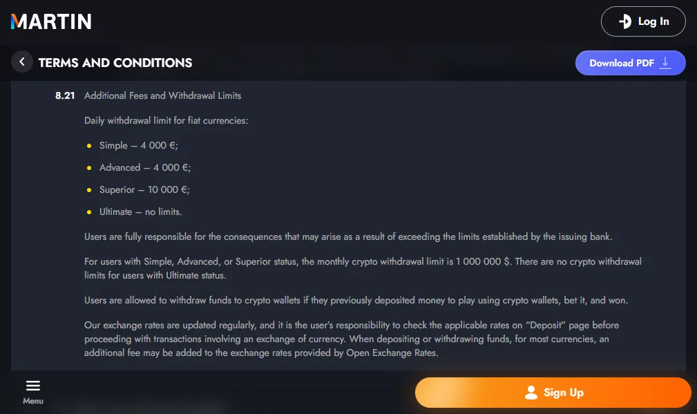 Screenshot of Martin's withdrawal section and limits