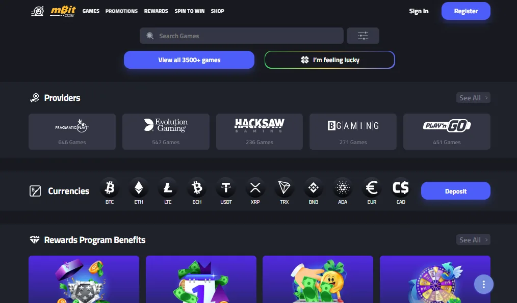 Screenshot of mBit Casino's cashier and payment methods